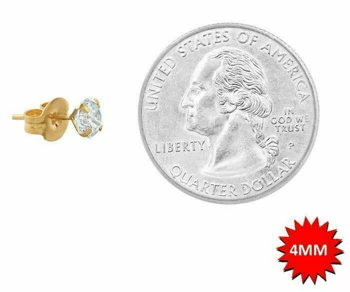 14K Solid Yellow Gold Round Cubic Zirconia Stud Earrings Sizes 2mm Through 8mm