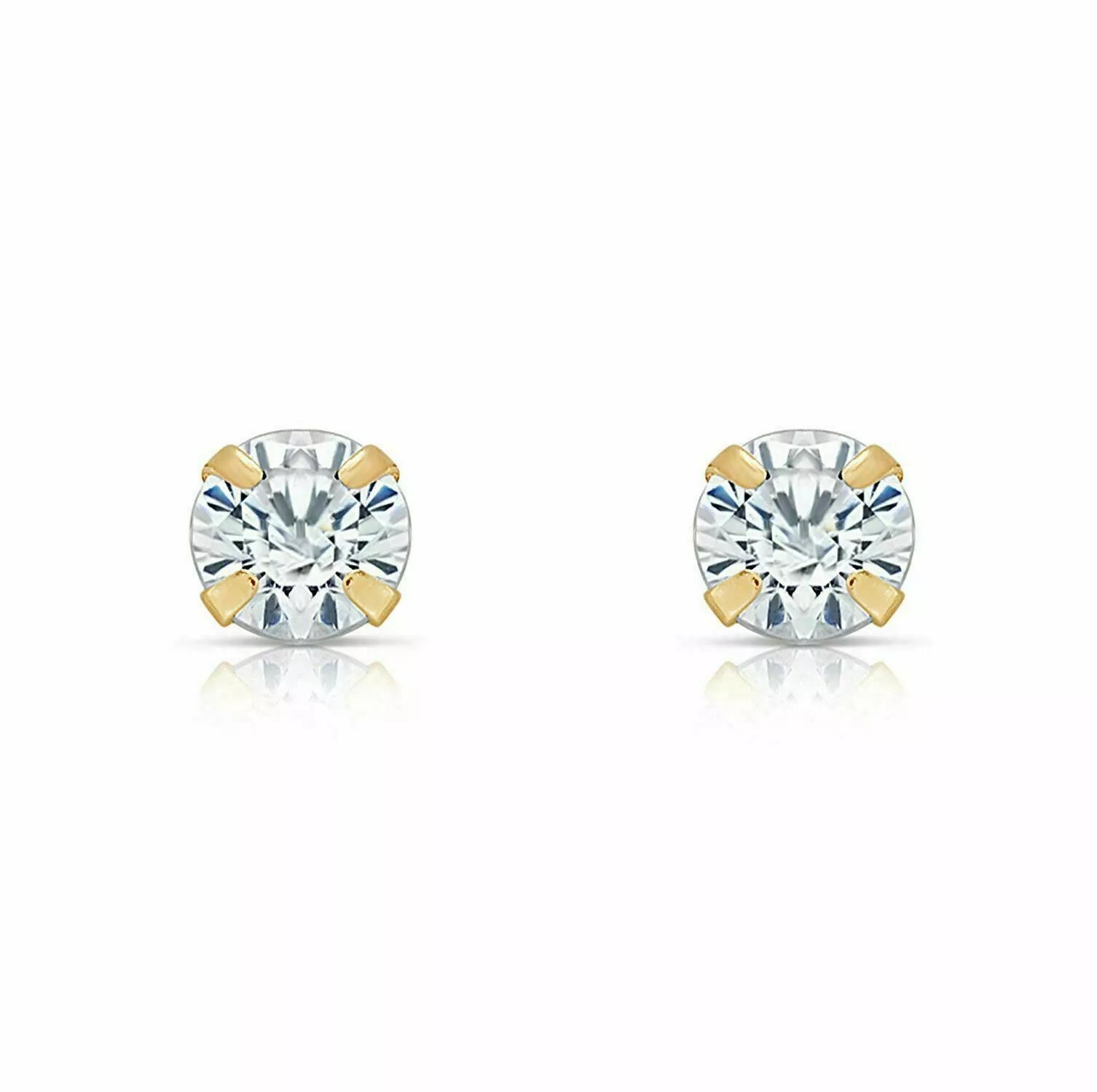 14K Solid Yellow Gold Round Cubic Zirconia Stud Earrings Sizes 2mm Through 8mm