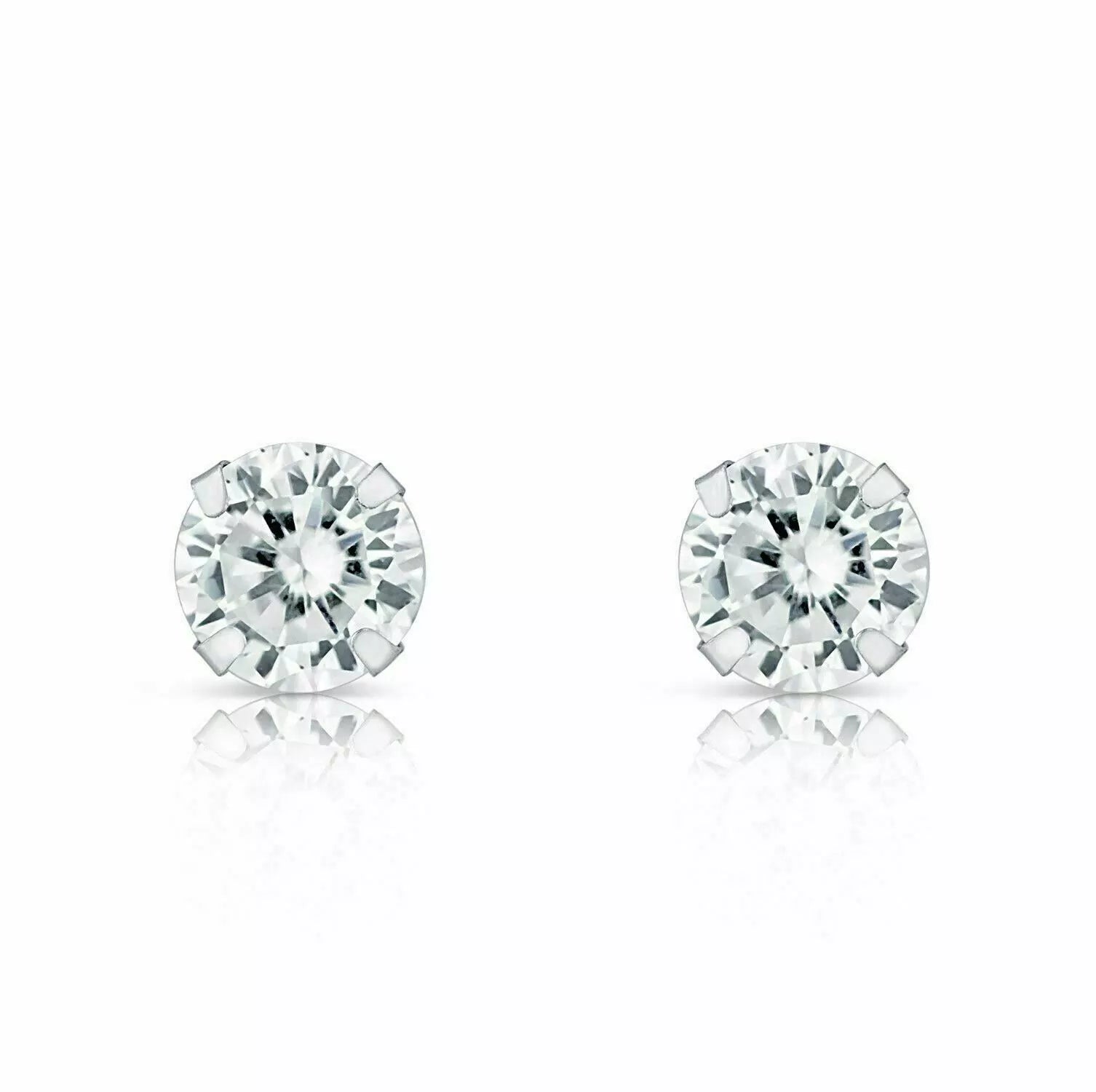 14K Solid White Gold Round Brilliant Cubic Zirconia Stud Earrings
