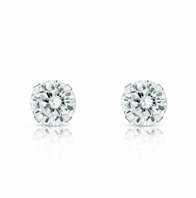 14K Solid White Gold Round Brilliant Cubic Zirconia Stud Earrings