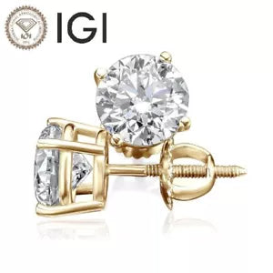 IGI Certified 2.00ct E/VVS2 Lab-Grown Diamond Stud Earrings – 14K Yellow Gold