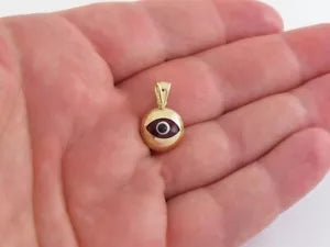 14K Solid Yellow Gold Evil Eye Diamond Cut Pendant - Good Luck Charm Red