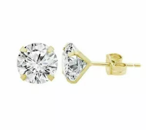 14K Solid Yellow Gold Round Cubic Zirconia Stud Earrings Sizes 2mm Through 8mm