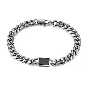 Stainless Steel 8mm Cuban Link Chain With Black Agate ID, Men's 8.5