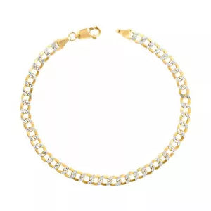 14K Yellow Gold 3.2mm Diamond Cut White Pave Cuban Curb Chain Bracelet 7.25''