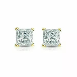 14K Solid Yellow Gold Square Cubic Zirconia Princess Cut Earrings 6mm