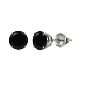 14K Solid White Gold Round Black Onyx CZ Stud Earrings Basket Setting 3mm-8mm