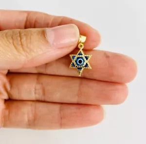 14k Solid Gold Light Blue Star Of David Murano Glass Evil Eye Pendant, 14k Gold