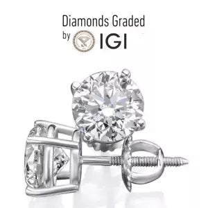 IGI Certified 2 - 6 Carat Diamond Stud Lab Grown Earrings D VS1 White Gold 14K