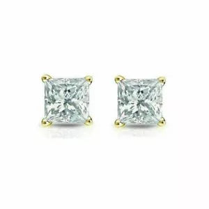14K Solid Yellow Gold Square Cubic Zirconia Princess Cut Earrings Studs