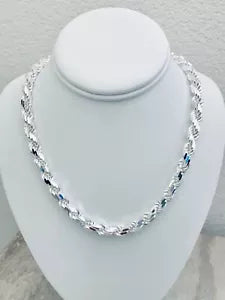 Solid 925 Sterling Silver Italian Rope Chain Mens Necklace 8mm - Diamond Cut