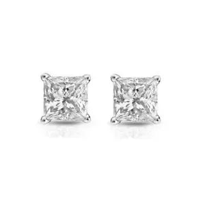 14K Solid White Gold Cubic Zirconia Square Princess Cut Stud Earrings
