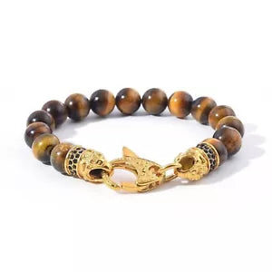 Genuine Tiger Eye 18k Gold Stainless Steel Beaded Bracelet Men's Bracelet