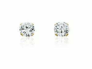 14K Solid Yellow Gold Round Cubic Zirconia 6mm Stud Earrings - Genuine 14k