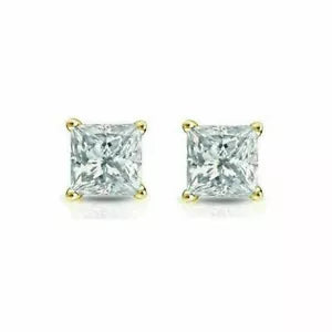 14K Solid Yellow Gold Square Cubic Zirconia Princess Cut Earrings 4mm - Real 14k
