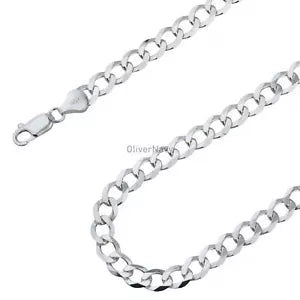 925 Solid Sterling Silver Flat Cuban Curb Chain Necklace 7mm - Made In Italy