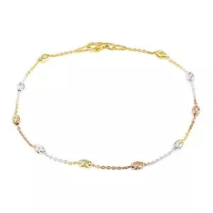 925 Sterling Silver Tri-Color Diamond Cut Station Moon Cut Oval Bead Anklet