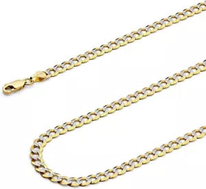 14K Yellow Gold Diamond Cut 3.2mm White Pave Cuban Curb Chain Necklace